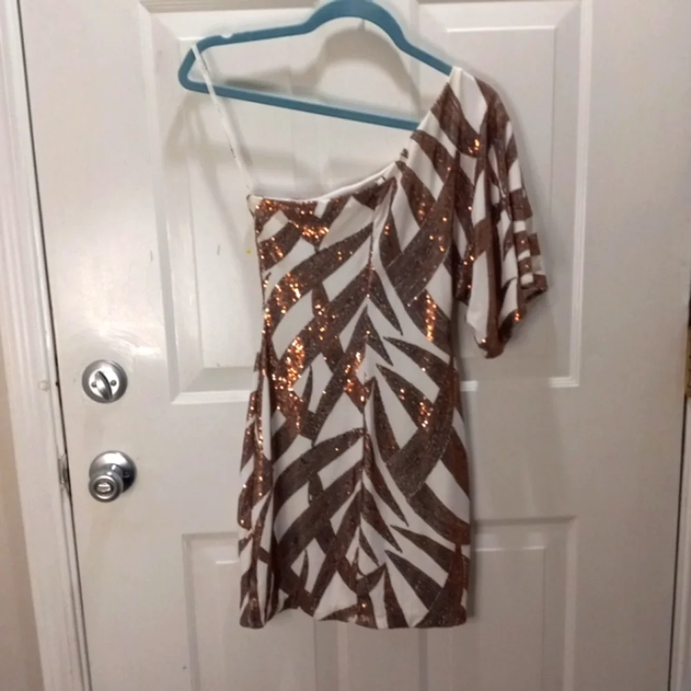 B Darlin Copper Small Sequined, Off The Shoulder Mini Dress Size 1/2